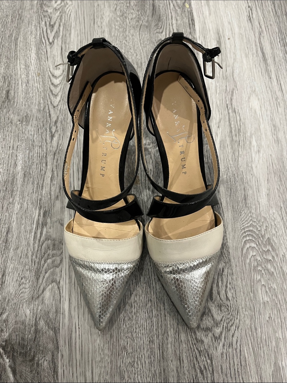 Ivanka Trump Silver, Cream & Black Pointed Toe Ankle-Strap Pumps